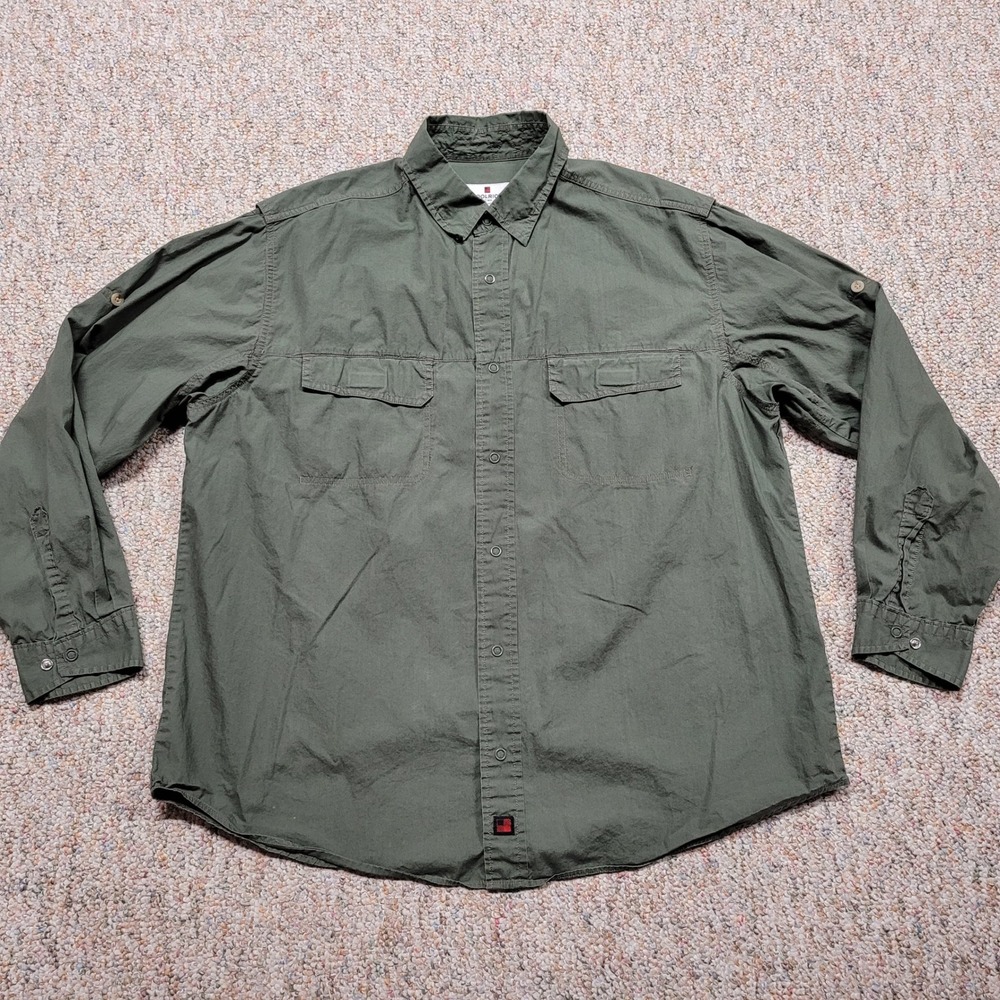 Woolrich Shirt Mens Large Green Snap Front Roll Tab Sleeve Hiking Vented Utility